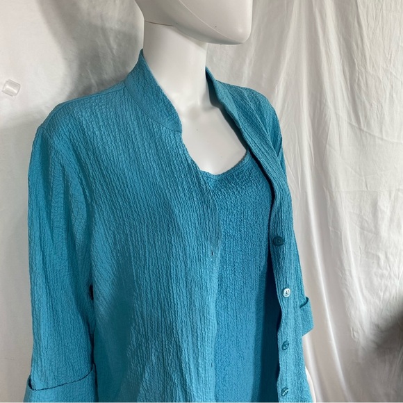 Draper’s & Damon’s 2pc Cyan Blue Crinkle Texture Blouse Set - Picture 2 of 8